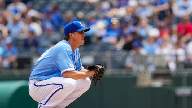 Apr 21, 2022; Kansas City, Missouri, USA; Kansas City Royals starting pitcher Zack Greinke (23) gets ready to pitch during the first inning against the Minnesota Twins at Kauffman Stadium. Mandatory Credit: Jay Biggerstaff-USA TODAY Sports
